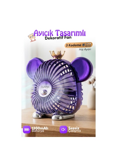 Auhma Aufn16 Dekoratif Ayıcık Masaüstü Fan Mor Şarjlı, Sessiz, 1200mah Kablosuz Mini Vantilatör