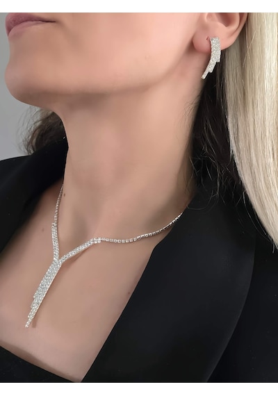Eva Takı Store Kristal Taşlı Su Yolu Sarkıt Model Yılbaşı - Abiye - Düğün -event Kolye Küpe Set Silver Gümüş
