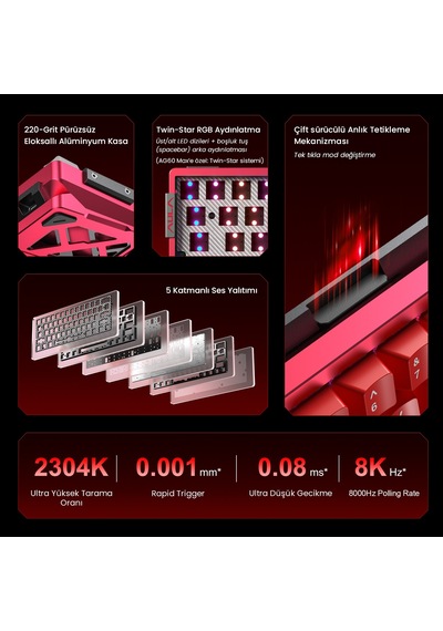 Aula Ag60 Pro Alüminyum Manyetik Klavye Hall Effect Aether Switch 8000hz Rgb Tkl Hot Swap Oyuncu Klavyesi Kırmızı