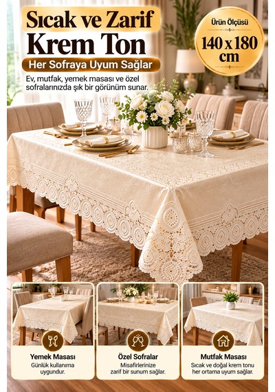 Krem 140x180 Cm Dantel Görünümlü Pvc Masa Örtüsü Sıvı Geçirmez Silinebilir Mutfak Masa Örtüsü Lüks