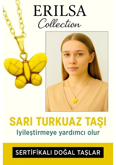 Erilsa Sertifikalı Sarı Renkli Kelebek Model Sarı Turkuaz Taşı Kolye E Çok Renkli