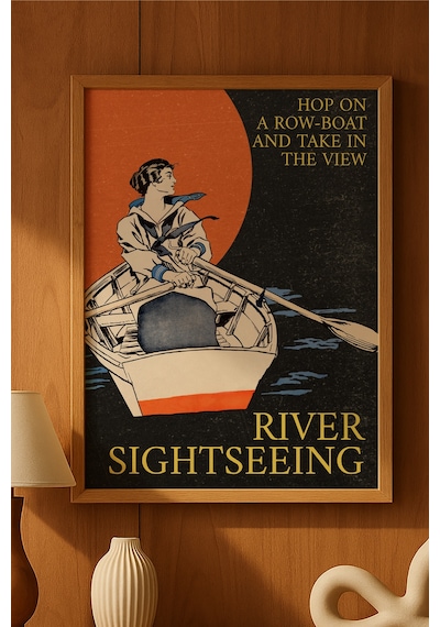 Row Boat Doğal Ahşap Çerçeveli Poster, Dekoratif Seyahat Duvar Tablosu