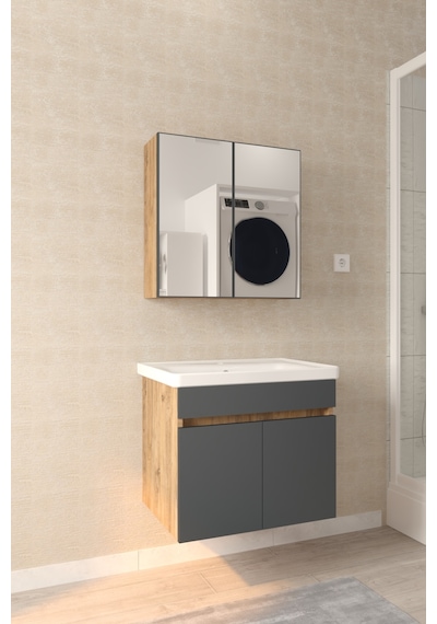 Makbulce Tokyo 65cm Seramik Lavabolu Mdf Aynalı Banyo Dolabı Atlantik Çam - Antrasit Gri Makbulce Tokyo 65cm Seramik Lavabolu Mdf Aynalı Banyo Dolabı Atlantik Çam - Antrasit Gri