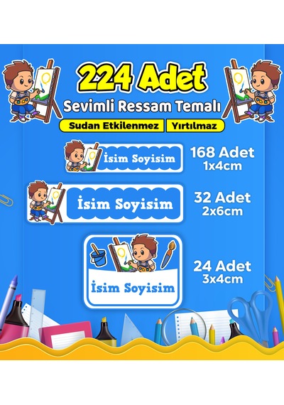 Sevimli Ressam Okul Kreş Kişiye Özel İsim Etiket Seti - Model 491 Çok Renkli