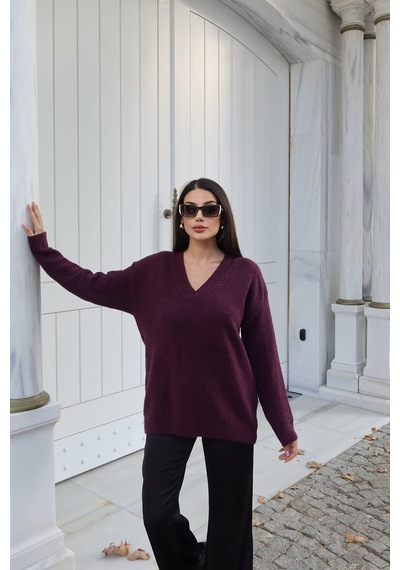 Kechi Woman V Yaka Oversize Triko Kazak Bordo