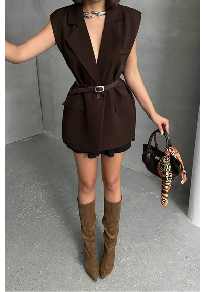Neşeli Butik Kadın Salaş Kemerli Kolsuz Blazer Ceket Nbg076 Kahverengi