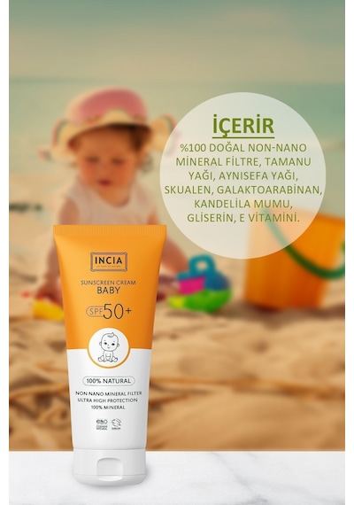 INCIA %100 Doğal Bebek Güneş Kremi Leke Karşıtı Mineral Filtreli Yüksek Koruma SPF 50+ UVA UVB 50 ML