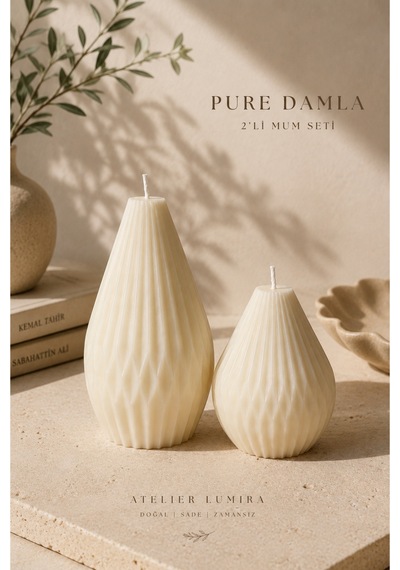 Pure Damla - 2'li Dekoratif Mum Seti Ekru