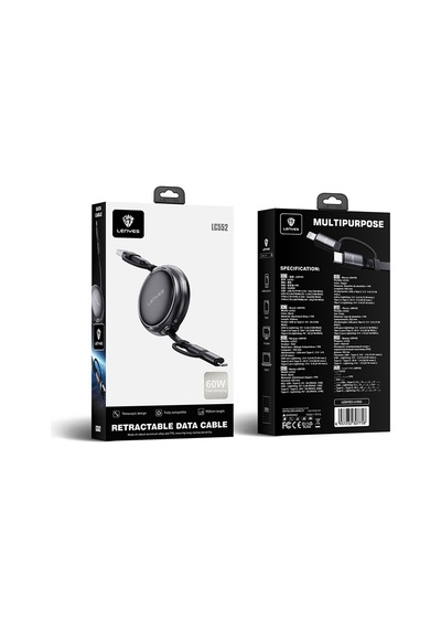 Lenyes Lc552 4in1 Usb-a - Type-c + Type-c To Lightning Makaralı Data Ve Şarj Kablosu 60w 95cm Siyah