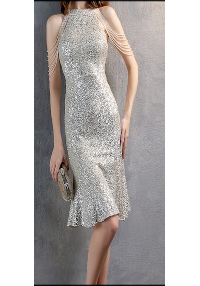Hanife Glam Couture Hanife Glam Boncuk Detaylı Pulpayet Abiye Elbise Gümüş