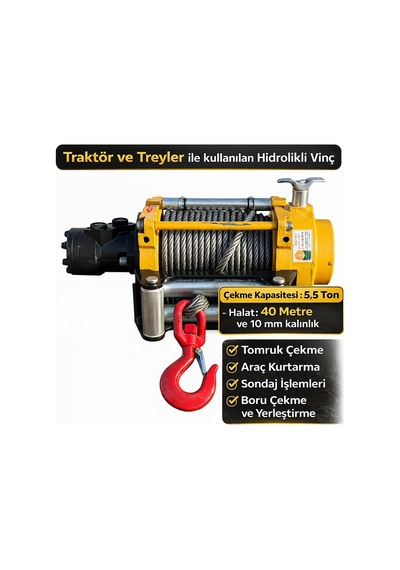 Traktör Ve Treyler Uyumlu Hidrolik Tamburlu Tomruk Ve Çekme Vinç 5.5 Ton - 40 Metre-10 Mm