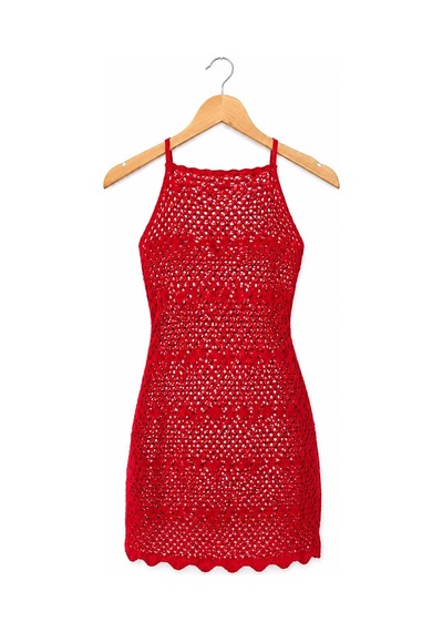 Neden Tekstil Ajurlu Sırt Dekolteli Transparan Beachwear - Mini Plaj Elbisesi - Kırmızı