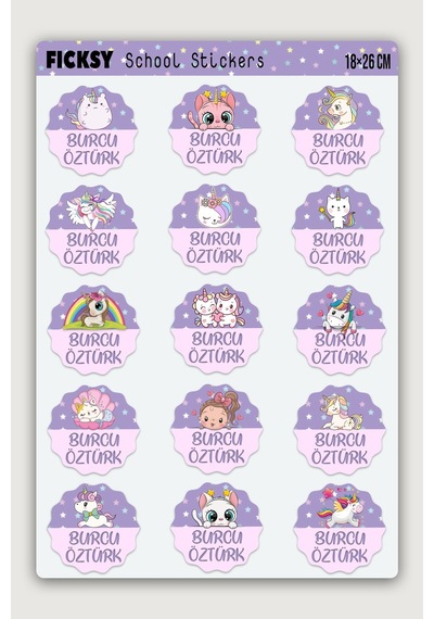 Özel Isim Yazılabilen Okul Etiketi Defter Ve Kitap Için Unicorn Temalı Sticker Seti 15 Adet Çıkartma Diğer