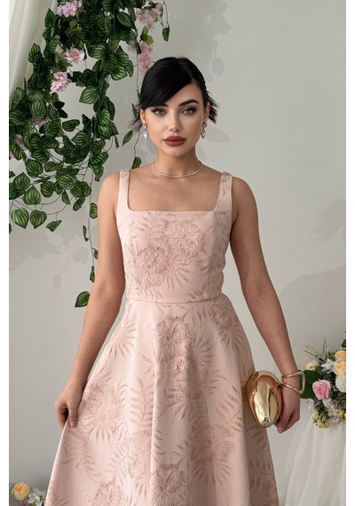 Nils Butik Askılı Kare Yaka Jakar Desenli Seraphine Midi Elbise Açık Pembe