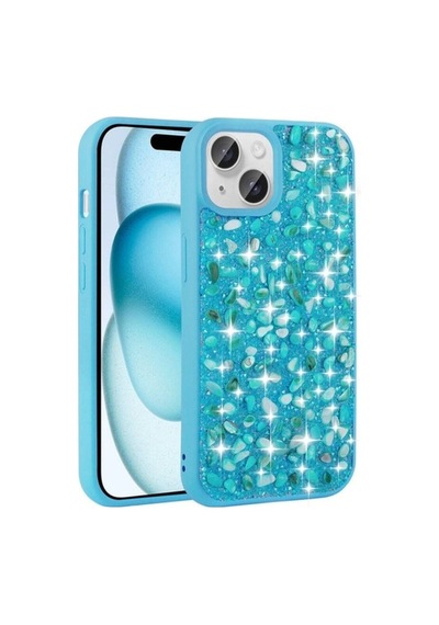 Apple Uyumlu iPhone 15 Kılıf Parlak Taşlı Tasarım Zore Linea Diamond Kapak Mavi Açık