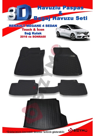 Renault Megane 4 Sedan Sağ Kulak Havuzlu Paspas Ve Bagaj Havuzu S Siyah