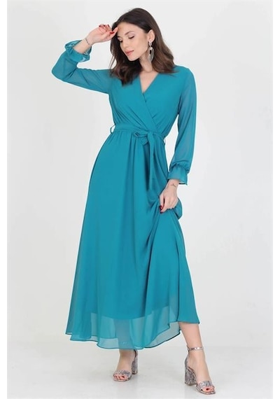 Dip Moda Kadın Kuşaklı Astarlı Uzun Şifon Elbise Dpnb003 Petrol Mavisi Dip Moda Kadın Kuşaklı Astarlı Uzun Şifon Elbise Dpnb003 Petrol Mavisi