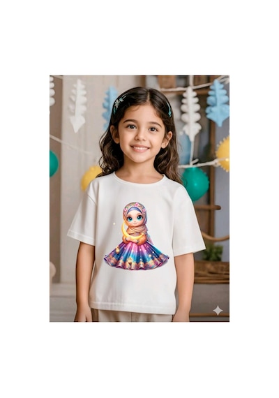 Stil-x Ramazan Bayramı Baskılı Kız Çocuk Tshirt, %100 Pamuklu Kumaş Beyaz-12