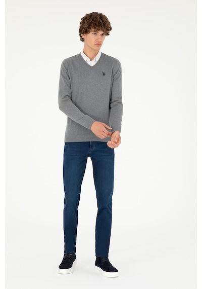 U.S. Polo Assn. Erkek Slim Fit V Yaka Gri Melanj Basic Kazak 50293512-VR086