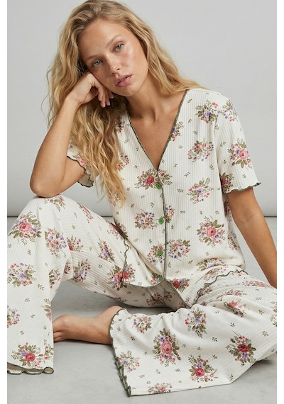 Siyah İnci Yumuşak Tuşe Yazlık Fitilli Pamuklu Örme Pijama Takım 7994 Pembe Büyük Çiçek