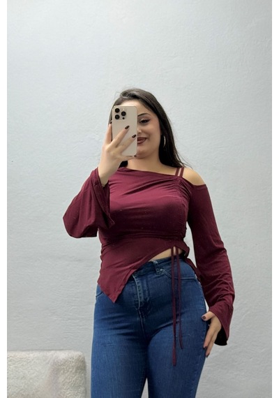 Belendir Kadın Sandy Büzgülü İspanyol Kol Bluz Bordo