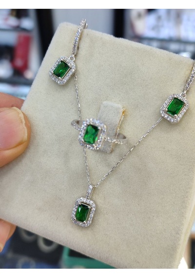 925 Ayar Gümüş Zümrüt Zirkon Taşlı 3'lü Set Kolye, Küpe Ve Yüzü