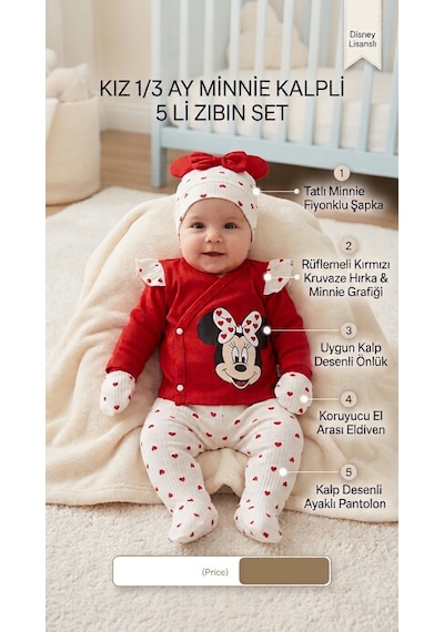 Yağmur Giyim Minicayzen Minnie Kalpli Baskılı %100 Pamuk 5 Parça Bebek Hastane Çıkışı Seti 2048 Çok Renkli