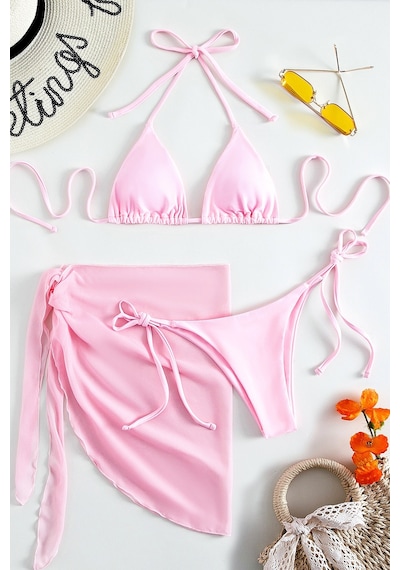 Angelsin Pareolu Bağlamalı 3'lü Bikini Takım Set Çıkartılabilir Kaplı Pembe