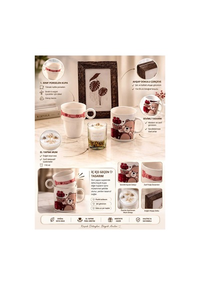 Doğum Günü, Özel Gün, Yeni İş, Yeni Ev Hediyesi İç İçe Geçen Porselen Kupa, Ahşap Çerçeve Ve El Yapımı Soya Mum Seti