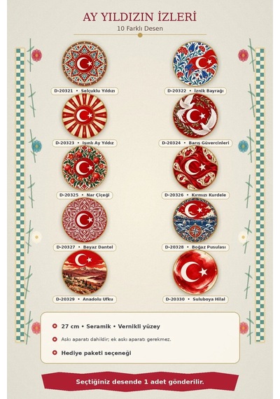 Dekoratif Duvar Tabağı Ay Yıldızın İzleri Dekorlu Seramik Tabak Beyaz
