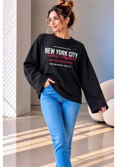 Bb Butik Basic Kadın Baskılı Bol Kollu Oversize İnce Sweatshirt Trend Model Mu3535 siyah