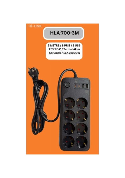 Hi-link Hla-700-3 3 Metre 8 Priz 2 Usb 2 Type-c Termal Akım Korumalı 16a 4000w 3 M