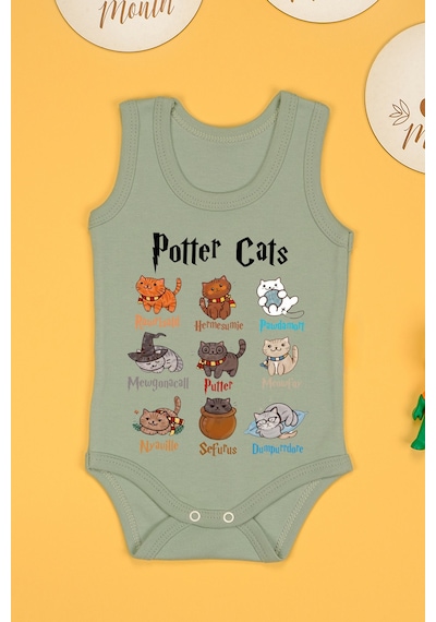Bebetospik %100 Pamuklu Potter Cats Baskılı Yumuşak Doku Baskılı Zıbın & Body Haki