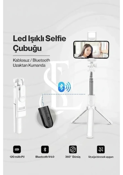 Led Işıklı Selfie Çubuğu Bluetooth Kumandalı Kablosuz Tripot Selfie Monopod Selfie Stick Beyaz Lisinya