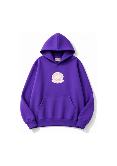 Herkesemoda İnci Baskılı Kapüşonlu 2 İplik Şardonlu Sweatshirt Mor