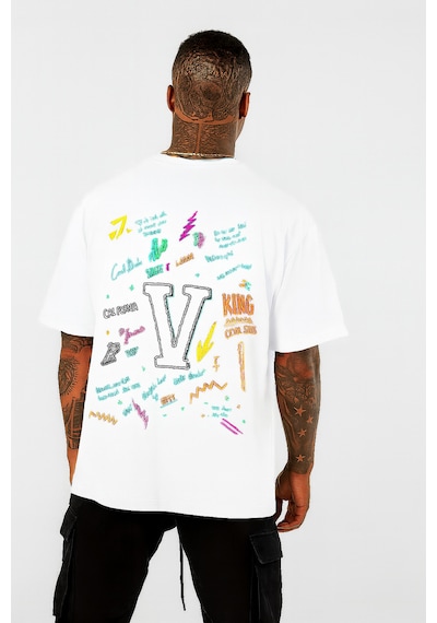 V Baskılı Oversize Beyaz T-shirt BEYAZ