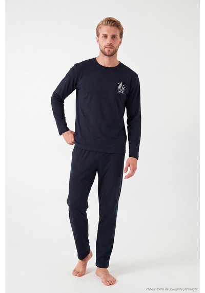 Buratti Minimal Baskılı Pamuklu Uzun Kollu Pijama Takımı Erkek Pijama Takımı 6575005 Lacivert