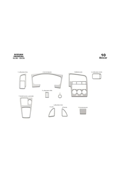 Nissan Primera Torpido Kaplama 1996-1998 10 Parça Alüminyum