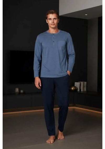 Gd Goldoremi Premium Erkek Cepli Düğmeli Yaka Uzun Kollu Pamuklu Pijama Takım Mavi