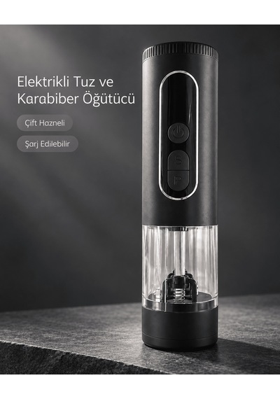 Mutfak Ve Sofra Kullanımına Uygun Çift Hazneli Elektrikli Tuz Karabiber Öğütücü Siyah