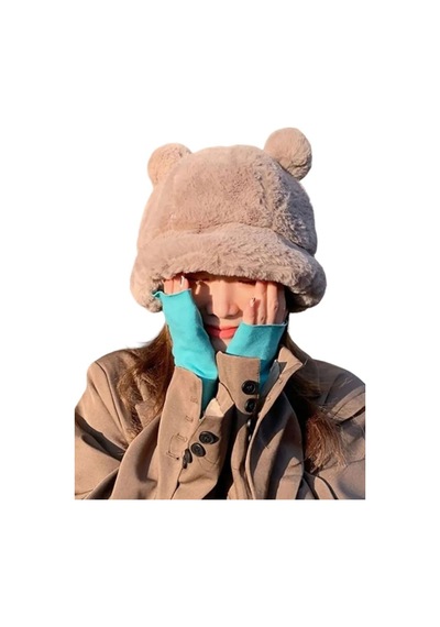 Uniquetrenders Kadın Sevimli Ayı Kulak Peluş Bucket Şapka Vizon