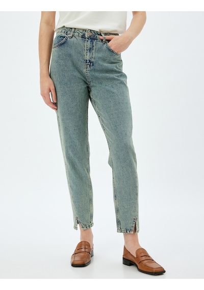 Koton Mom Fit Kot Pantolon Standart Bel Yırtmaç Detaylı Düğmeli Cepli Pamuklu - Mom Fit Jeans Orta İndigo 5wal40060md Indigo İndigo