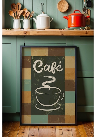 Retro Café Sanatsal Tasarım Çerçeveli Tablo - Vintage Kahve Köşesi Duvar Dekoru Siyah