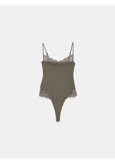 Dilvin 32730 Dantel Detaylı Askılı Bodysuit-haki