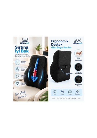 Pillowart Ortopedik Visco Sırt Bel Destek Minderi Ofis Koltuğu İçin Ergonomik Anatomik Lomber Ve Postür Desteği Siyah
