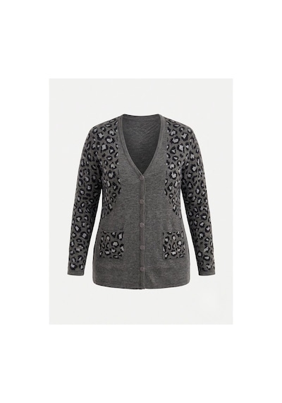 Onno Style Women Simli Leopar Desen Klasik Düğmeli Ceket Gri