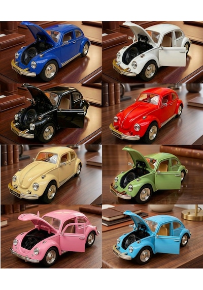 Nostaljik Beetle Vosvos Oyuncak Araba - 17 Cm Büyük Boy Sesli Işıklı Sürtmeli Mavi Model Araba Çok Renkli