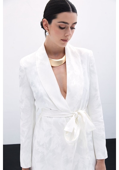 Sateen Bağlamalı Jakarlı Ceket - Ekru-135781 Ekru