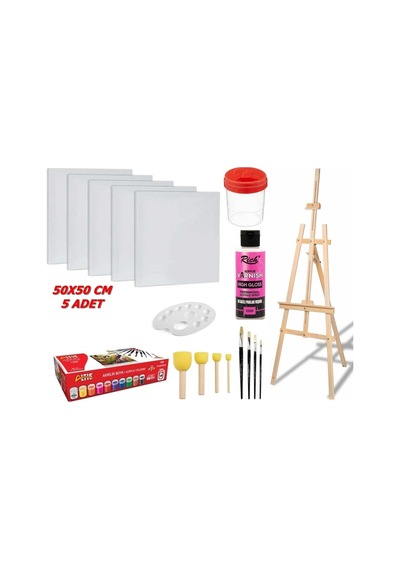 5 Adet 50x50 Cm Tuval Ve Büyük Boy Şovale Akrilik Boya Seti Palet Fırça Vernik Vs