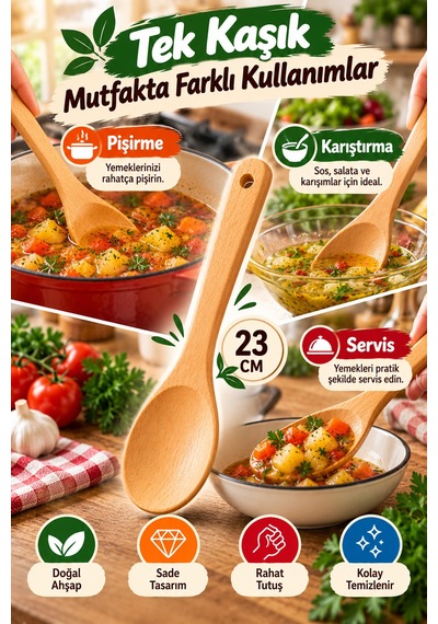 23 Cm Doğal Ahşap Yemek Kaşığı Tahta Pişirme Karıştırma Servis Kaşığı Mutfak Gereci Asma Delikli Tip